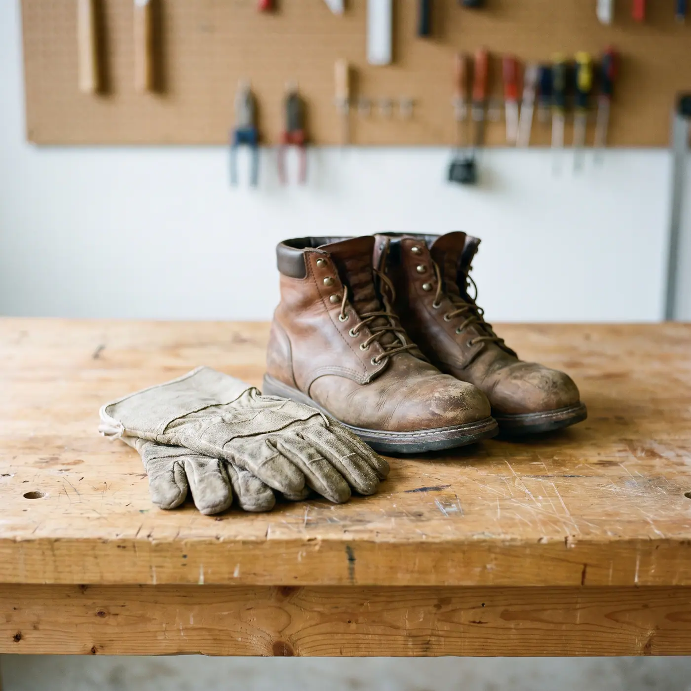 Safety boots gloves wooden table personal protective equipment