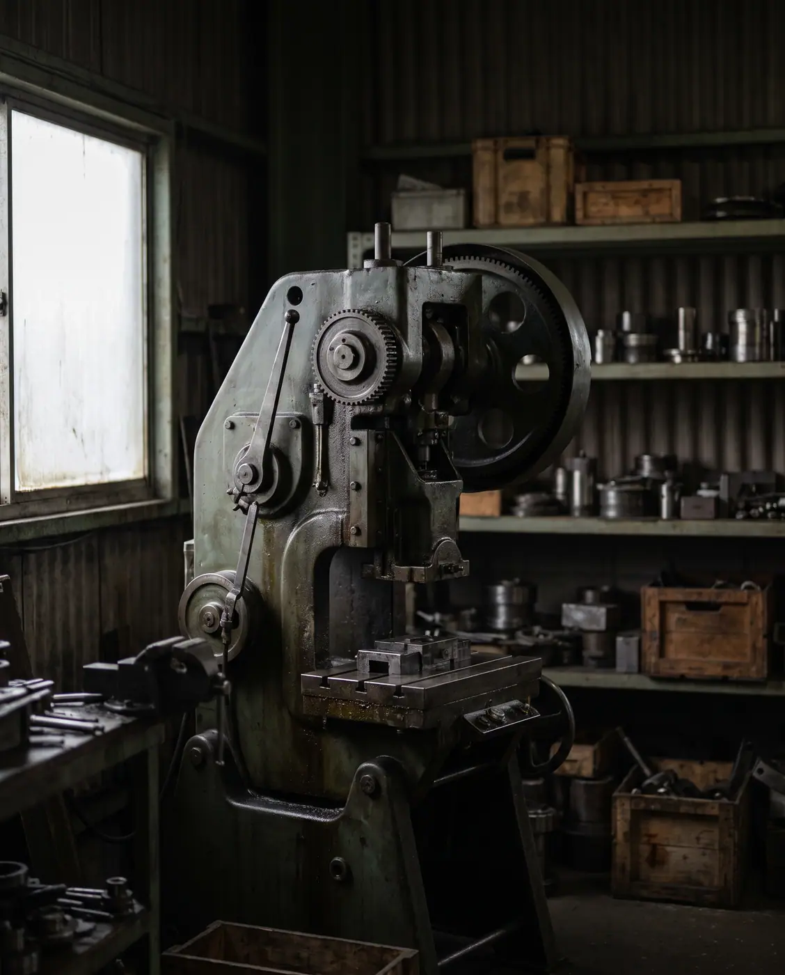 Factory industrial machine, machinery, low natural light, shallow
