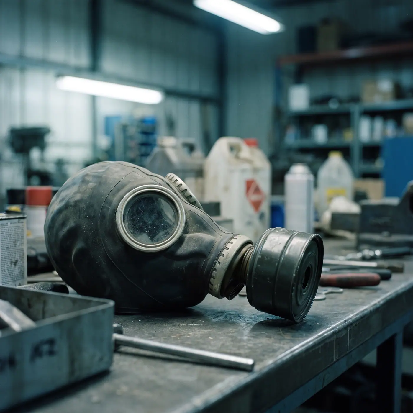 Gas mask chemical safety production lab cool light shallow depth