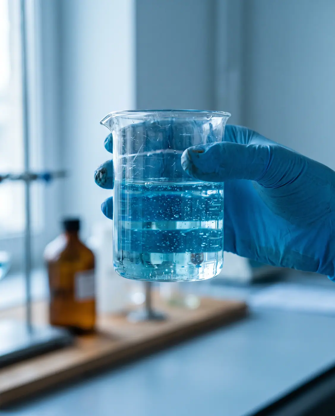 Glass beaker liquid gloved hand lab cool light shallow depth field