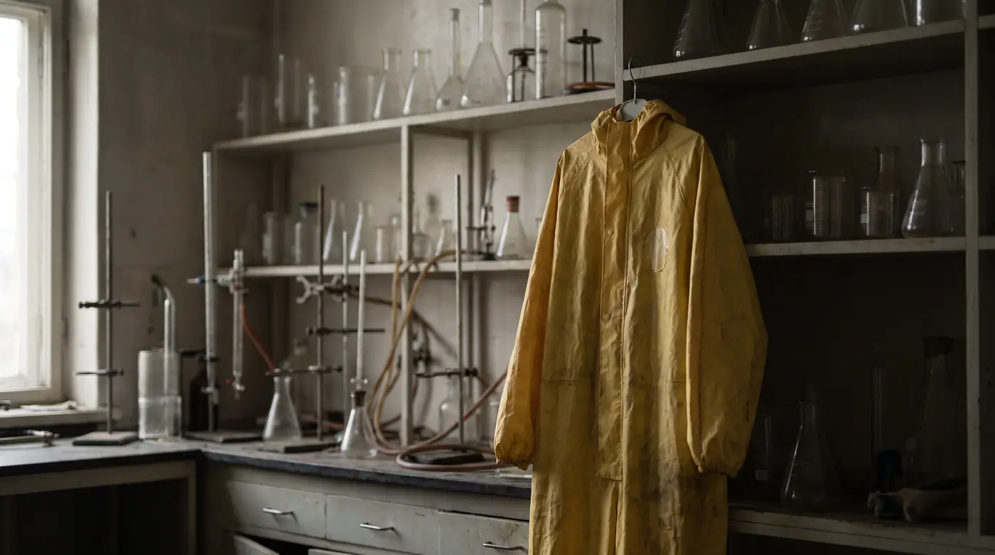 Yellow Hazmat suit chemical lab, low natural light, quiet, muted