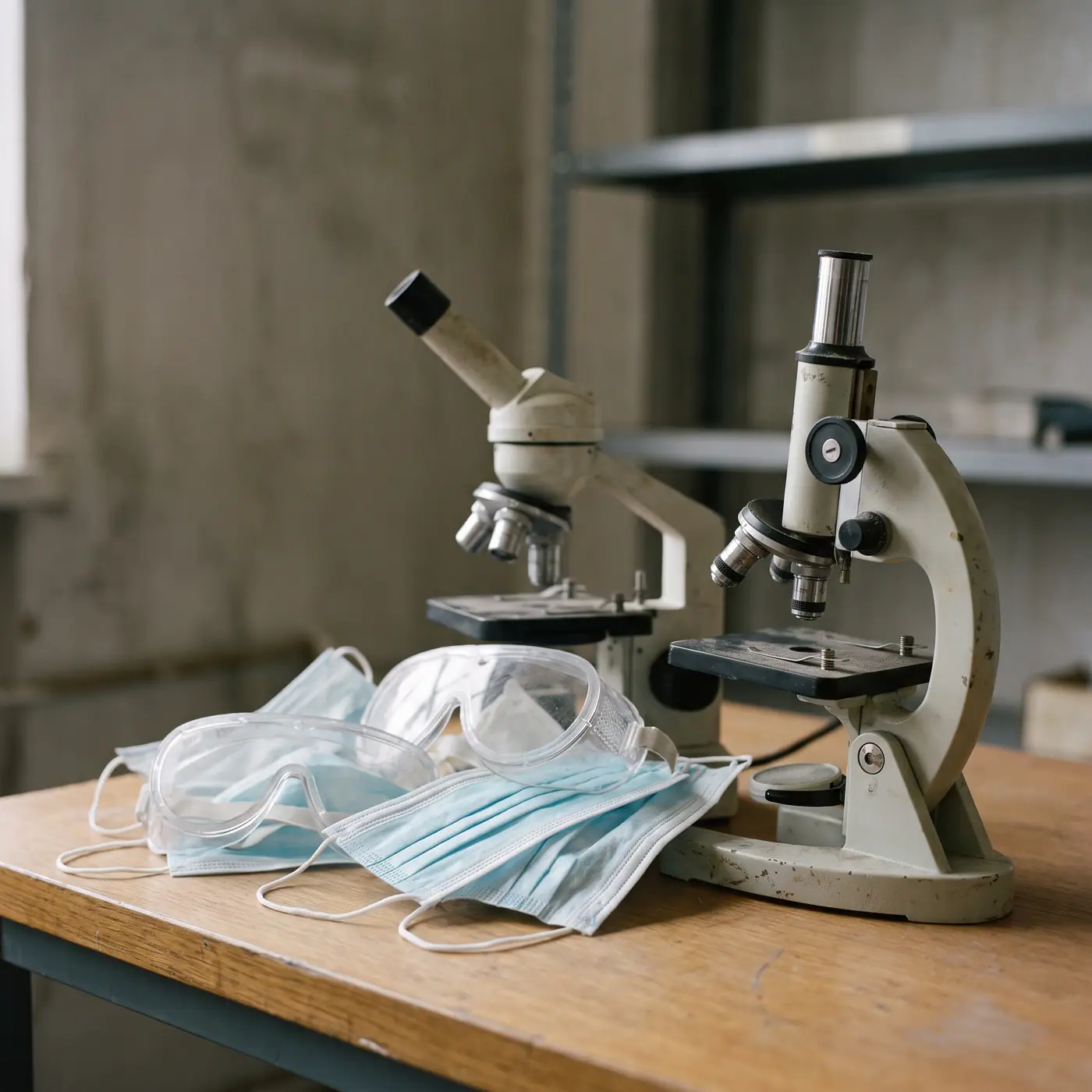 Medical masks goggles microscopes lab authentic documentary shallow