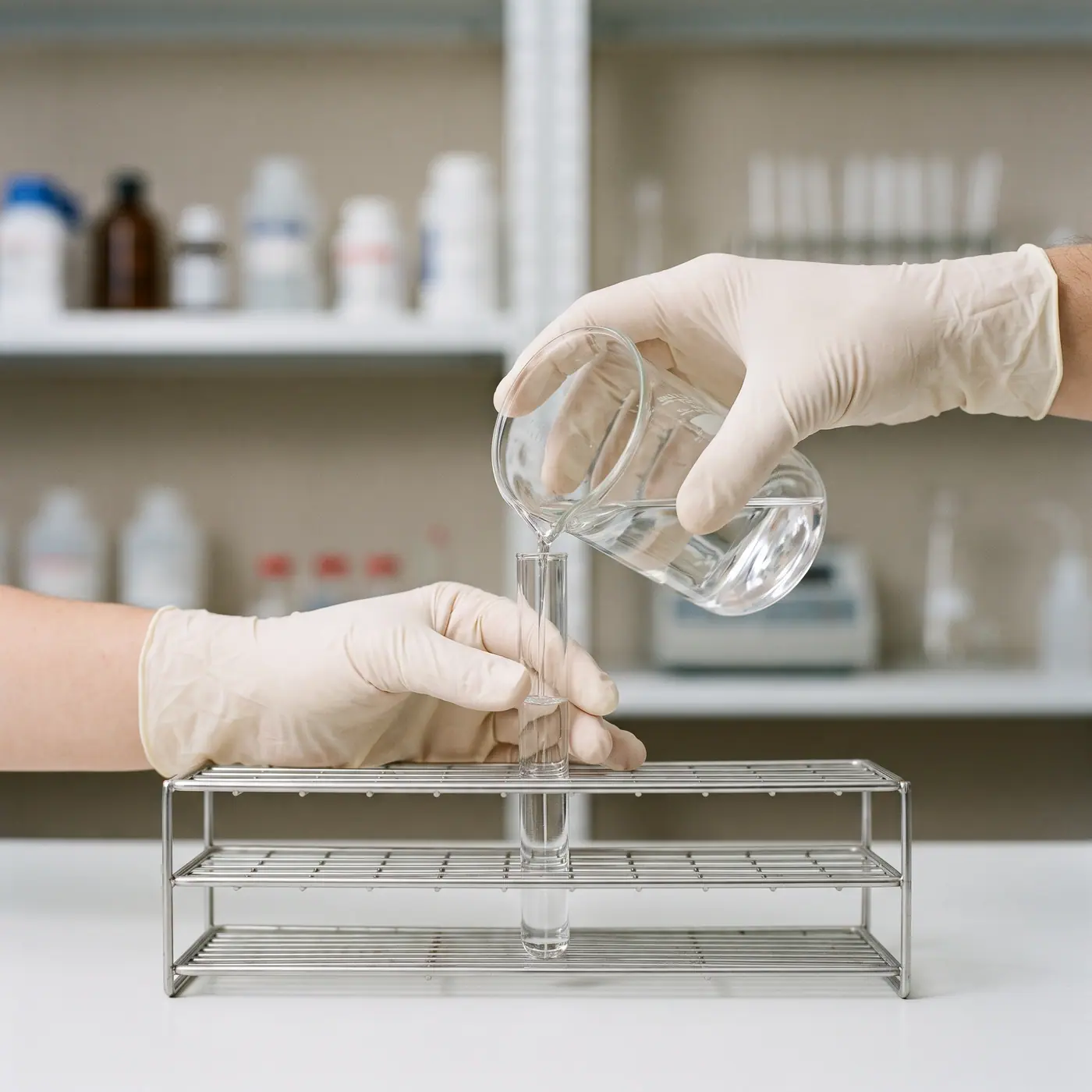 Scientist pouring liquid test tube lab experiment research studio