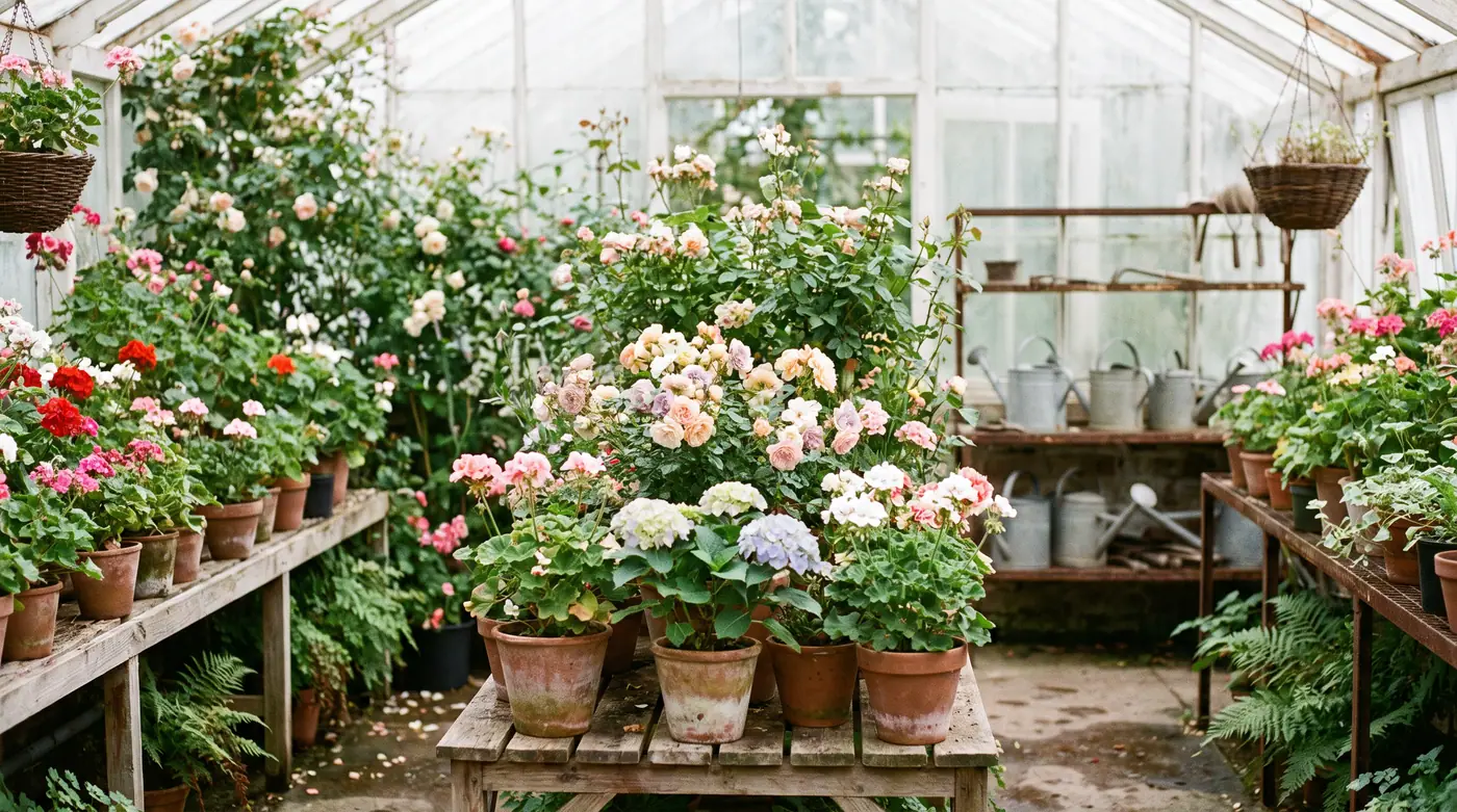 Lush greenhouse plants blooming flowers bright glasshouse