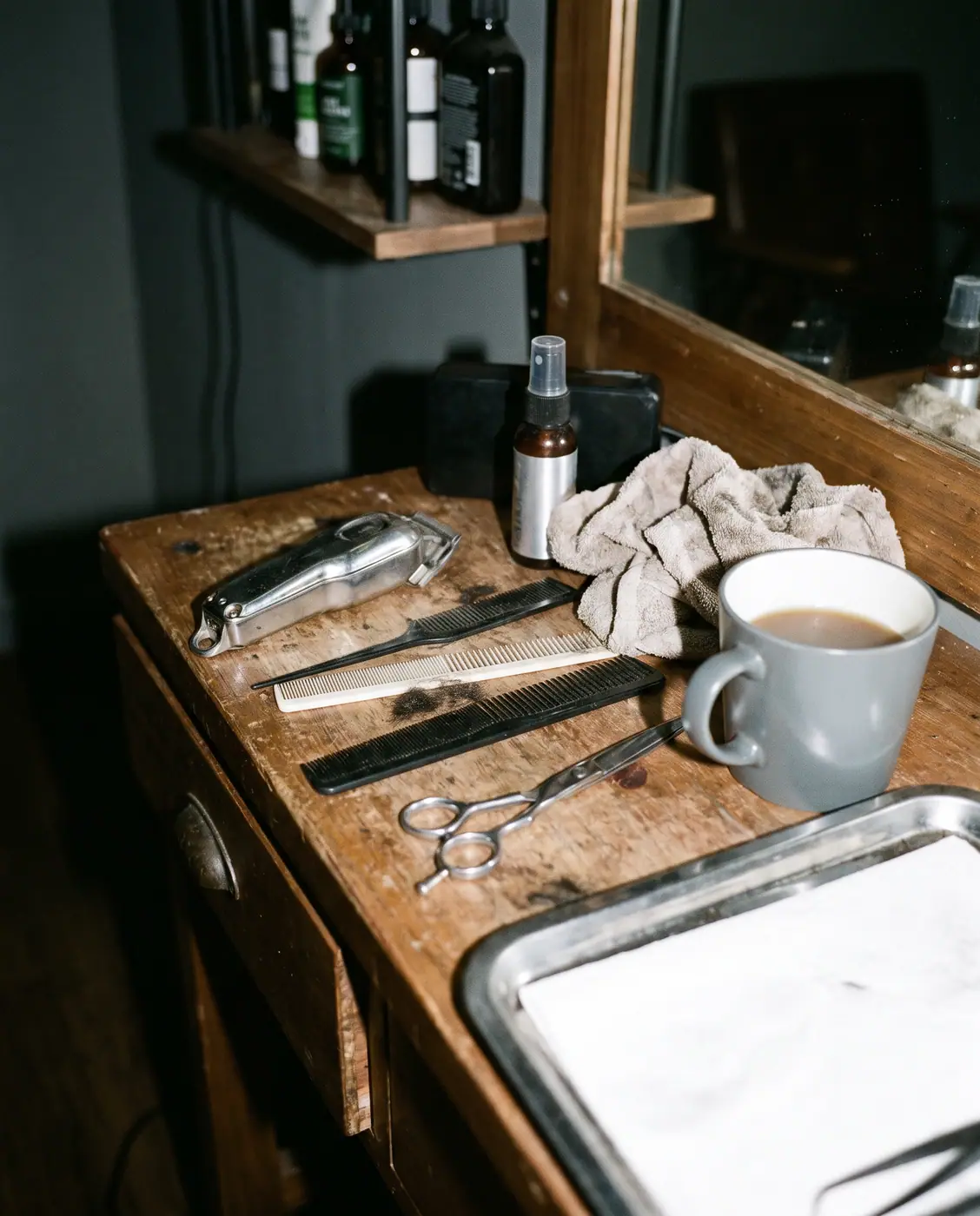 Barber tools working surface harsh flash casual snapshot