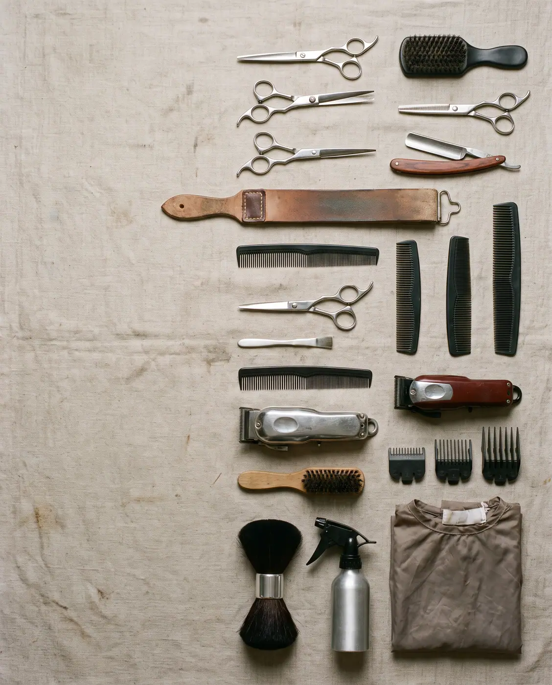 Barber tools set flat lay, professional grooming kit, top view
