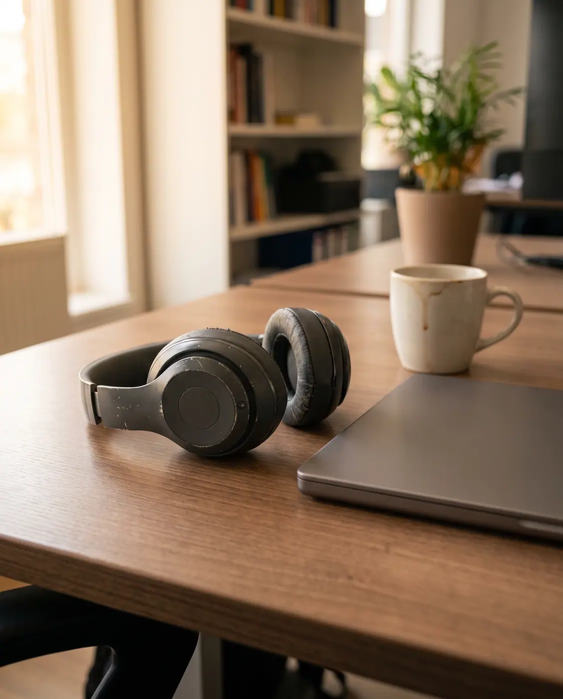 Wireless headphones working surface everyday natural light