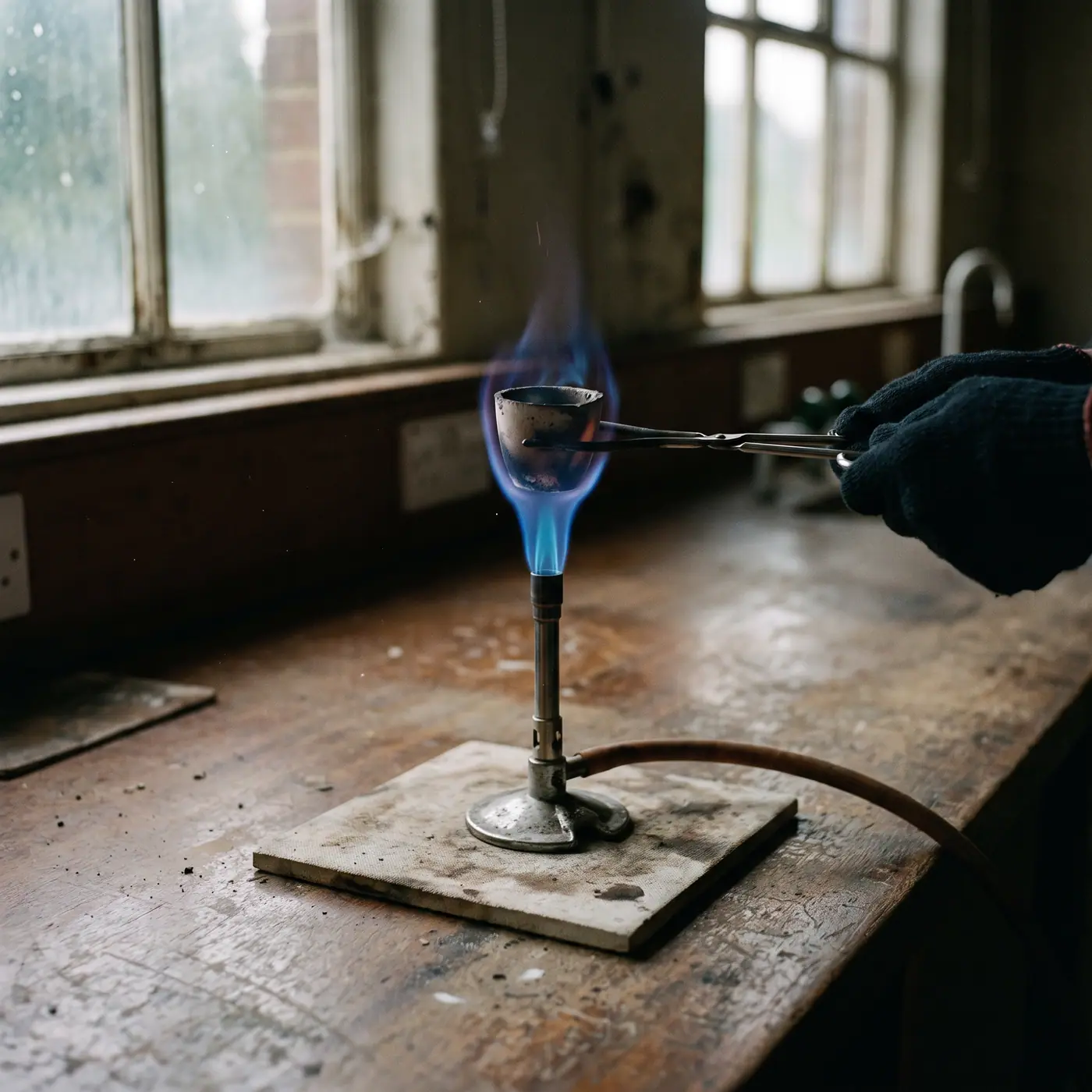 A Bunsen burner with a bright blue flame and a crucible held by tongs on a heatproof mat in a