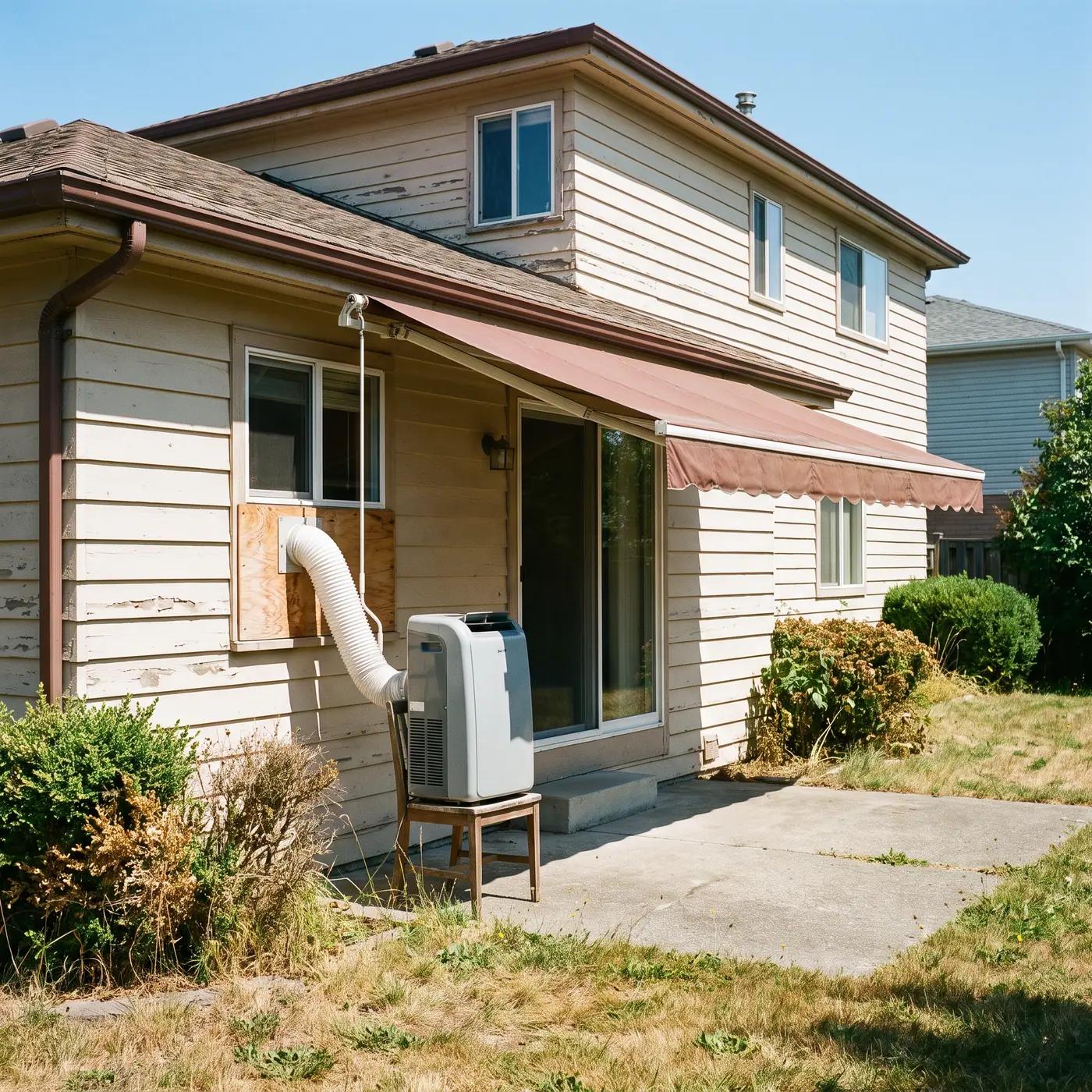 Ordinary suburban home exterior in harsh summer light with a deployed awning and a portable