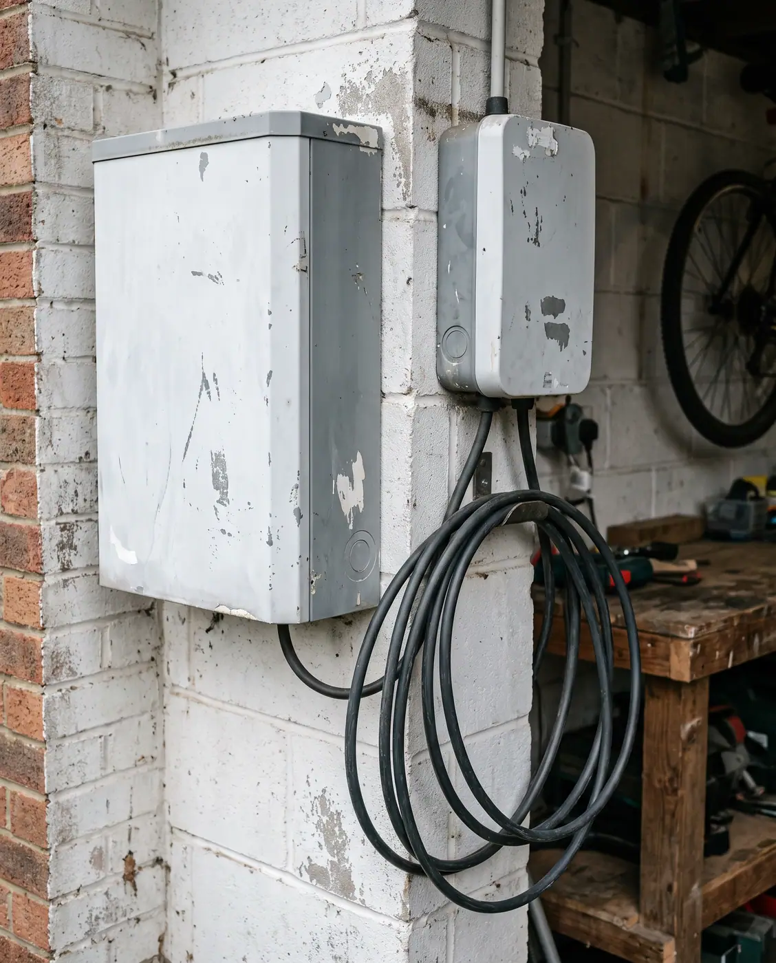 Wall-mounted home battery unit and electric vehicle charging point on a suburban garage wall