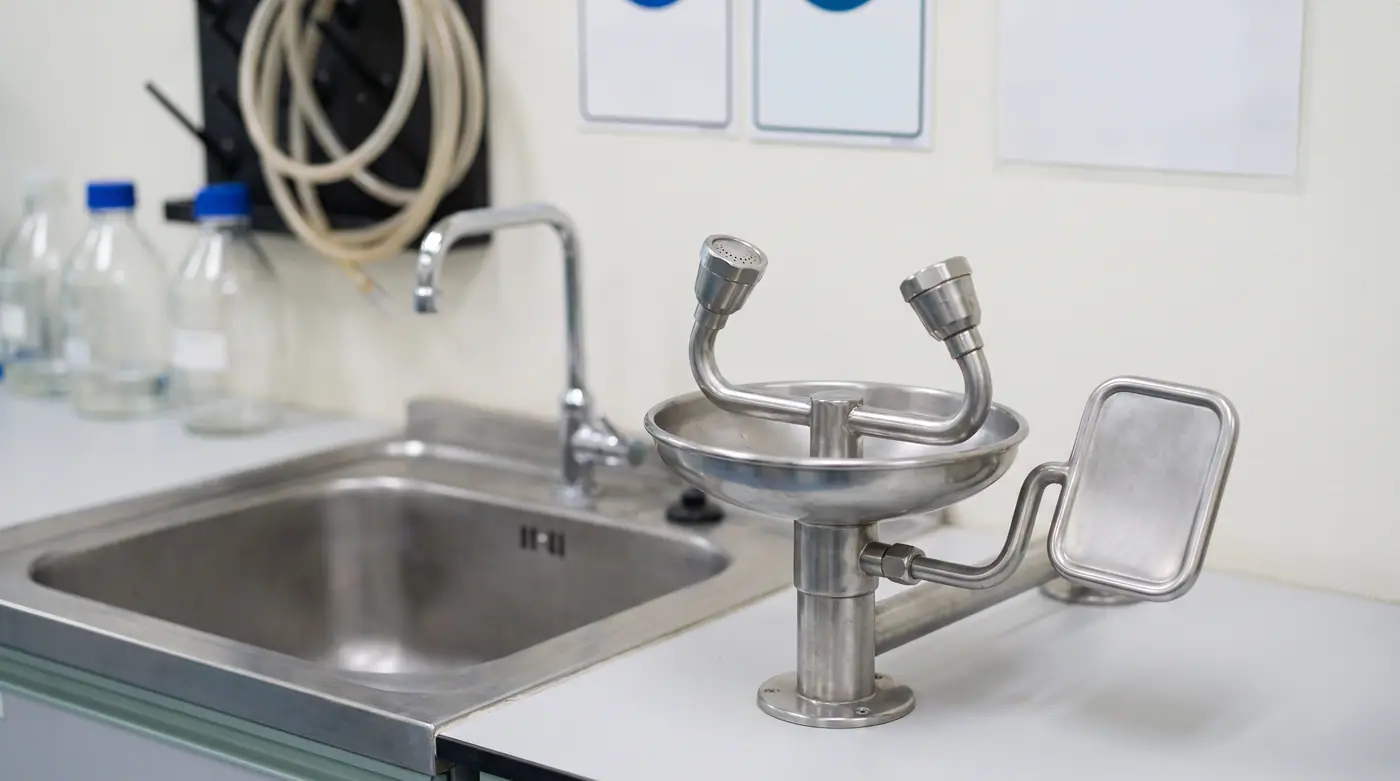 Bench-mounted eyewash station laboratory sink safety equipment