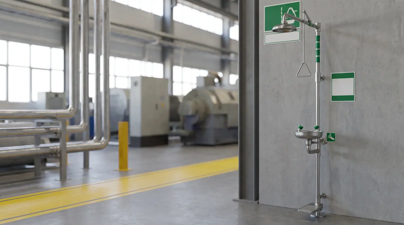 Emergency eyewash drench shower unit plant floor safety equipment