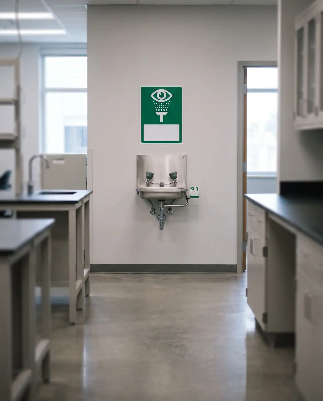 Eyewash station laboratory corridor emergency safety equipment