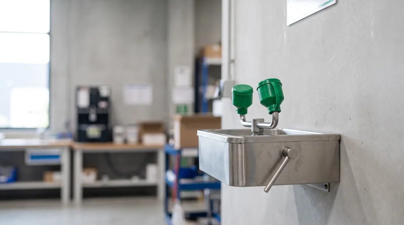 Emergency eyewash station wall mounted dust caps workplace safety