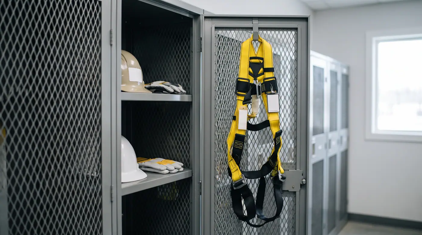 Fall arrest harness lanyard equipment locker safety gear