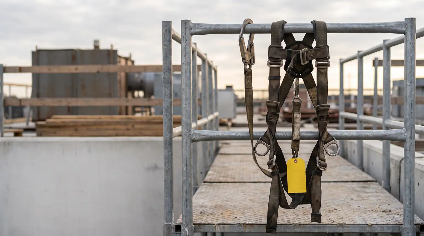 Safety harness lanyard hooked on scaffold guardrail construction