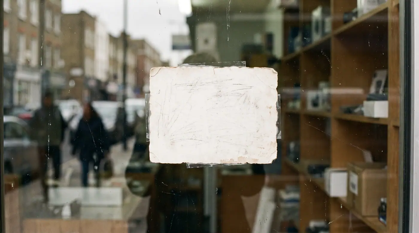 Blank handwritten style card displayed in a small independent shop window, showing street