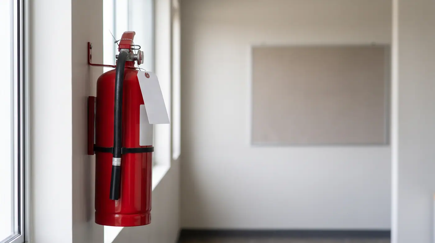 Serviced fire extinguisher wall bracket blank tag safety equipment