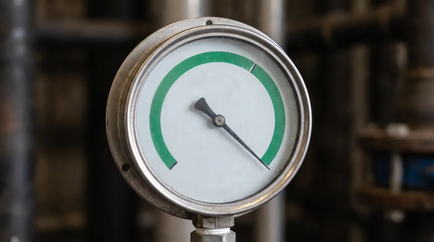 Portable fire extinguisher pressure gauge needle green zone close-up