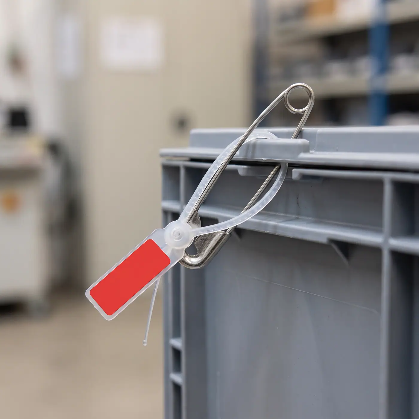 Fire extinguisher safety pin tamper seal close-up workplace