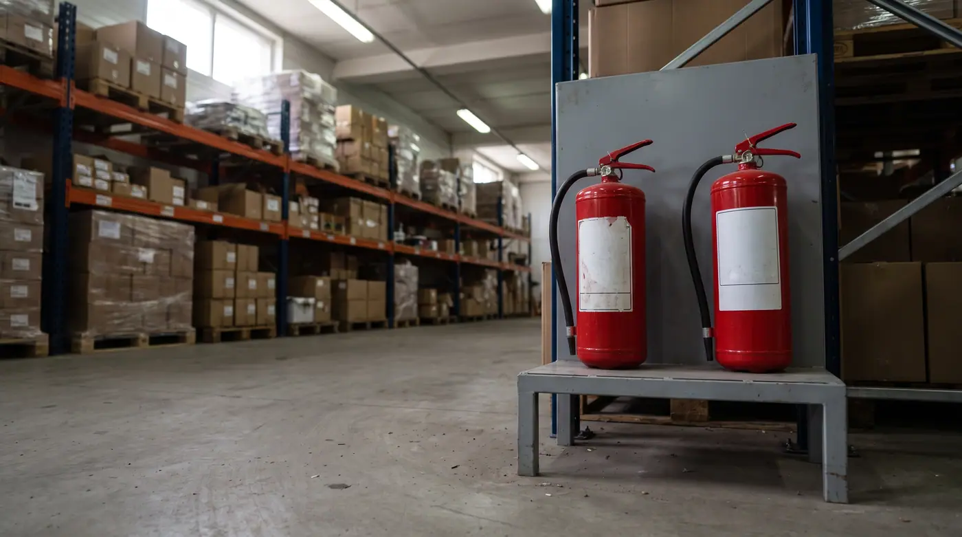Portable fire extinguishers on floor stand in warehouse aisle