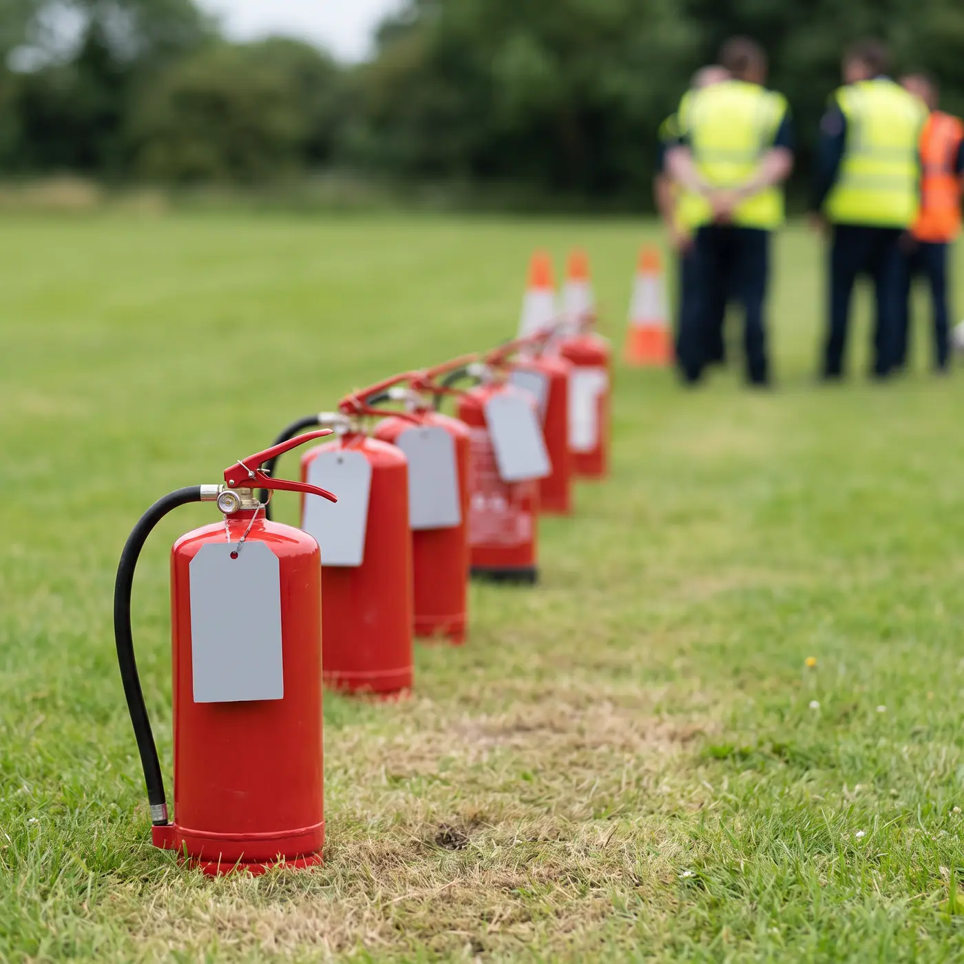 Portable fire extinguishers training drill grass line