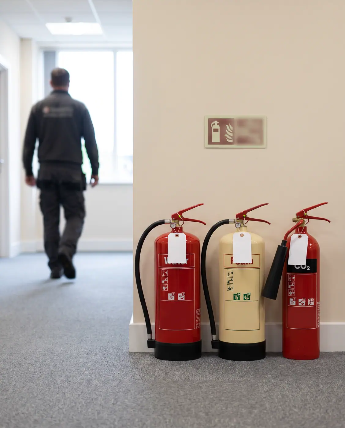 Portable fire extinguishers corridor wall safety equipment