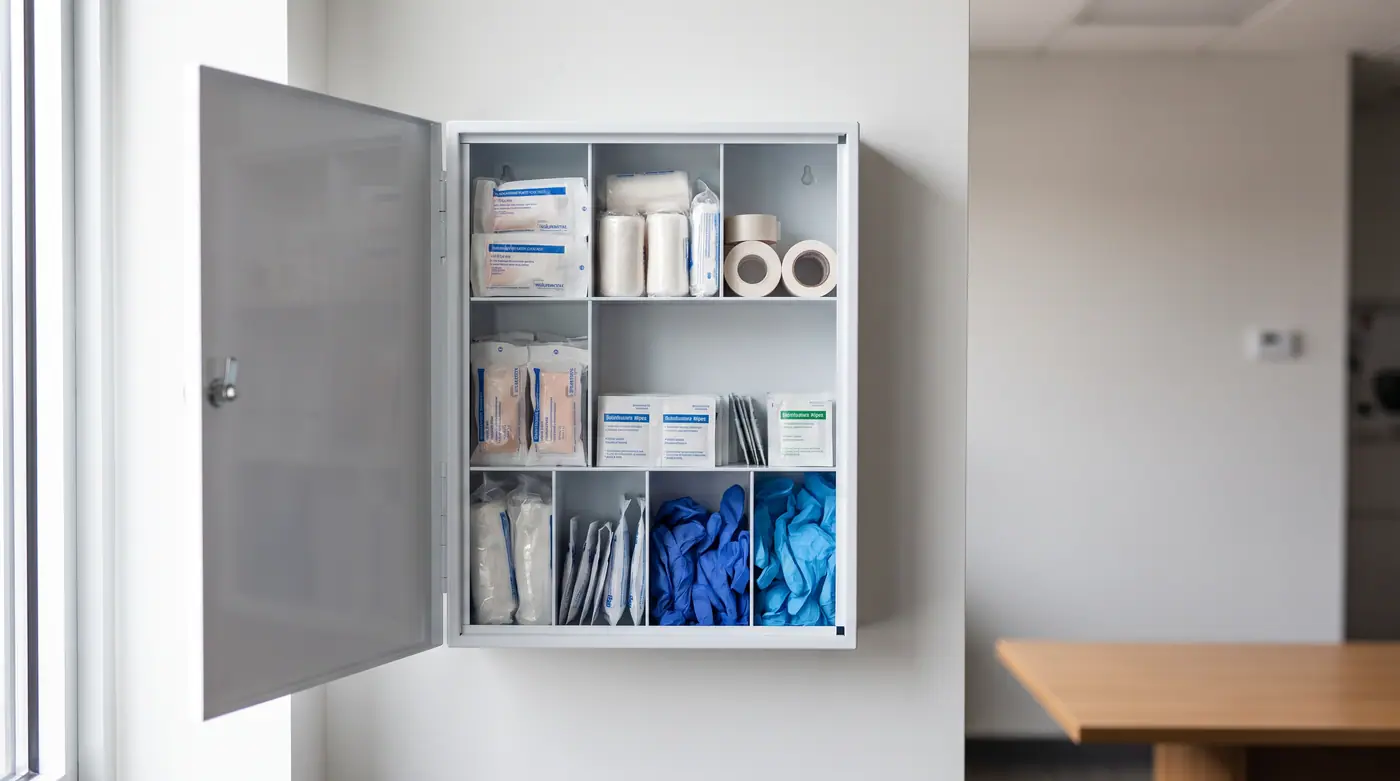 Open wall first aid kit organized medical supplies emergency