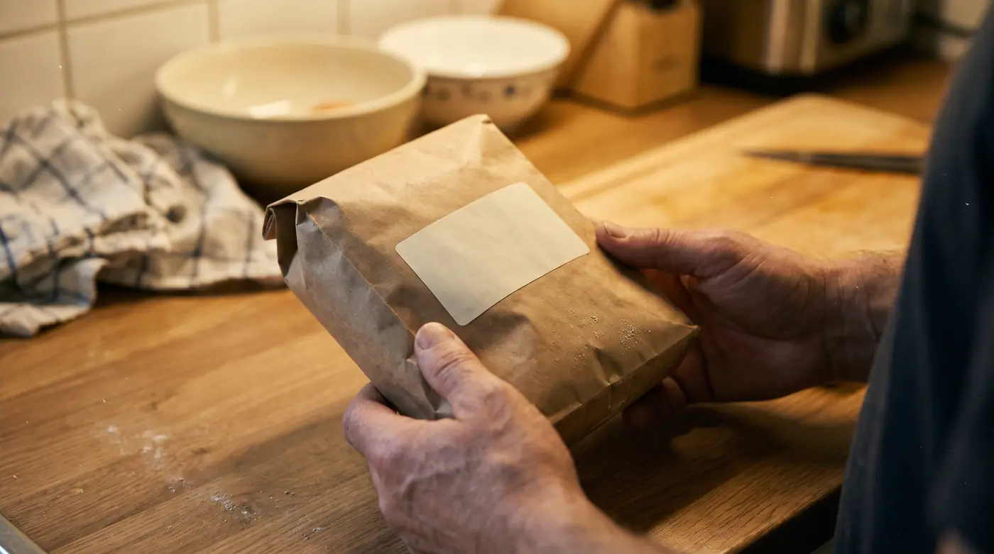 Close up of a home cook's hands checking a blank ingredients panel on a food package in a warm