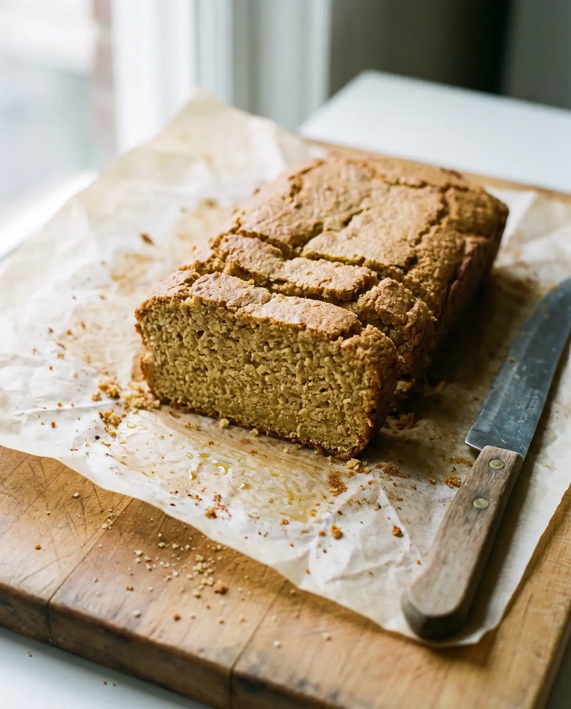 Gluten-free almond flour loaf sliced on parchment paper, showcasing its dense texture and