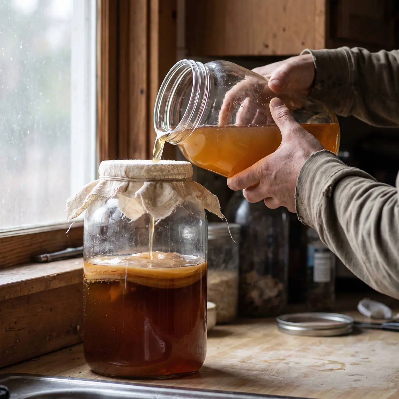 Homemade kombucha brewing in a glass jar with a visible SCOBY and cloth cover, with a second