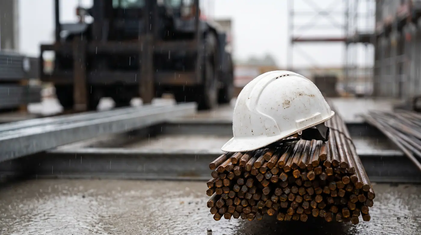 Yellow safety helmet rebar stack light rain construction site