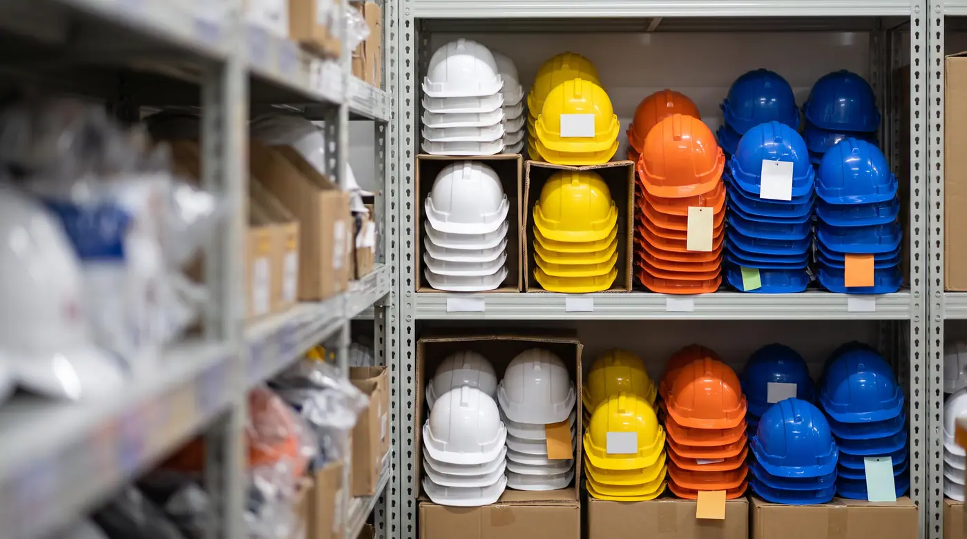 Industrial safety helmets stacked store shelf various colors