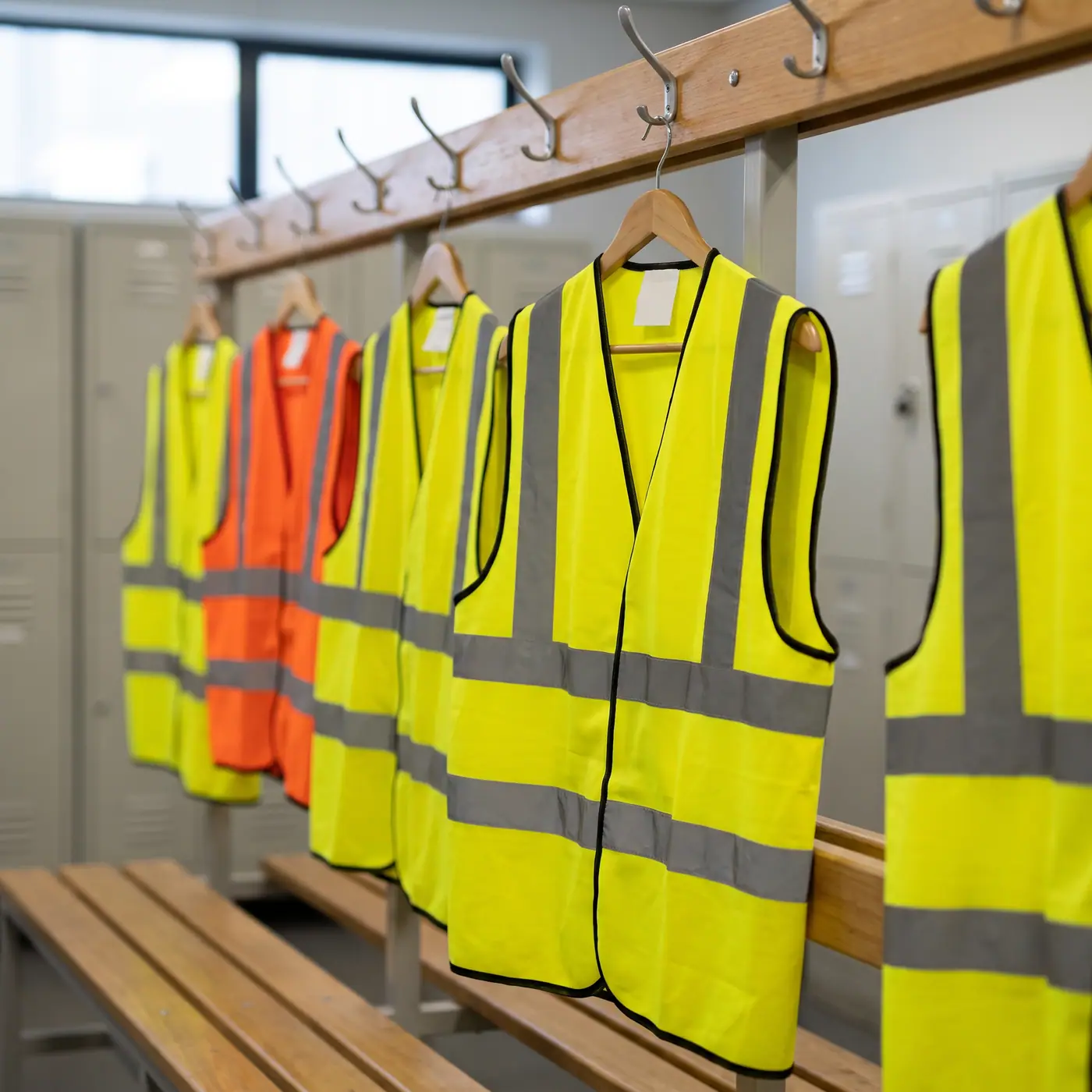 Reflective safety vests high-visibility locker room pegs row