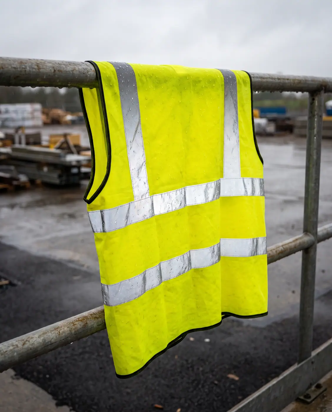 Rain-soaked hi-vis reflective safety vest on railing