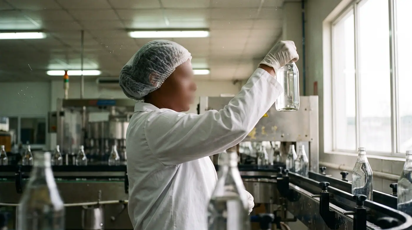 Quality inspector in a white coat and hairnet examining a clear glass bottle on a bustling