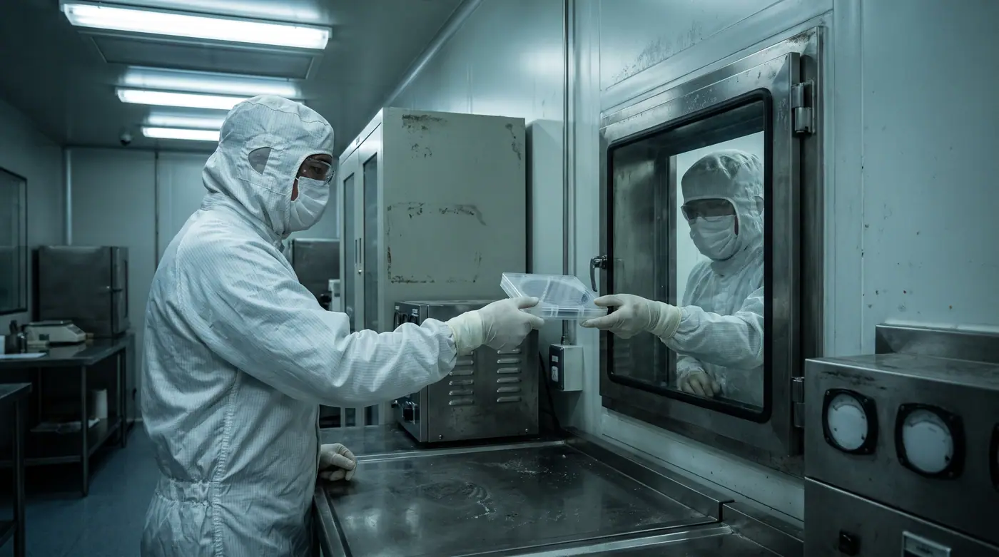 Two masked technicians in white cleanroom suits carefully handling a wafer cassette through a