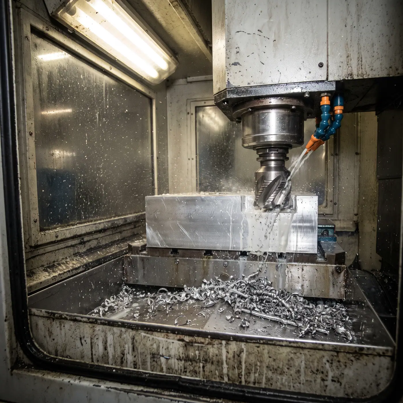 Modern industrial CNC milling head precisely cutting an aluminum block, with coolant spraying