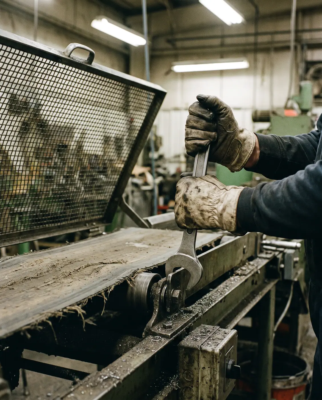Gloved hands using a spanner to re-tension a conveyor belt with a machine guard open in an
