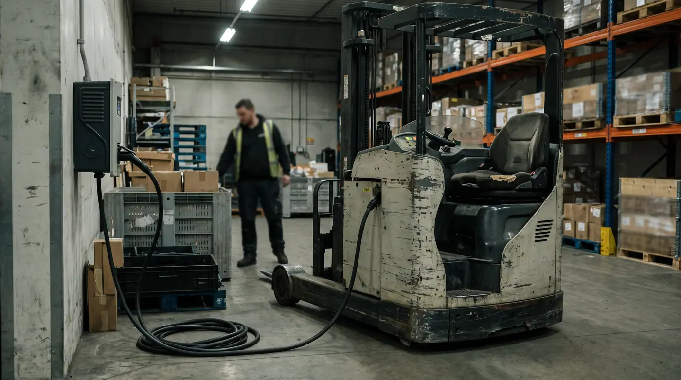 Electric forklift plugged into a wall charging station in a warehouse corner with the cable