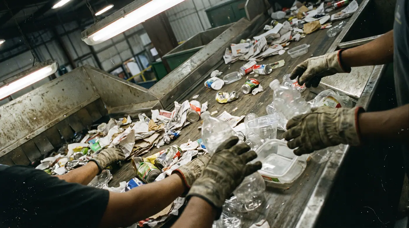 Gloved hands diligently sorting mixed recycling materials on an industrial conveyor belt