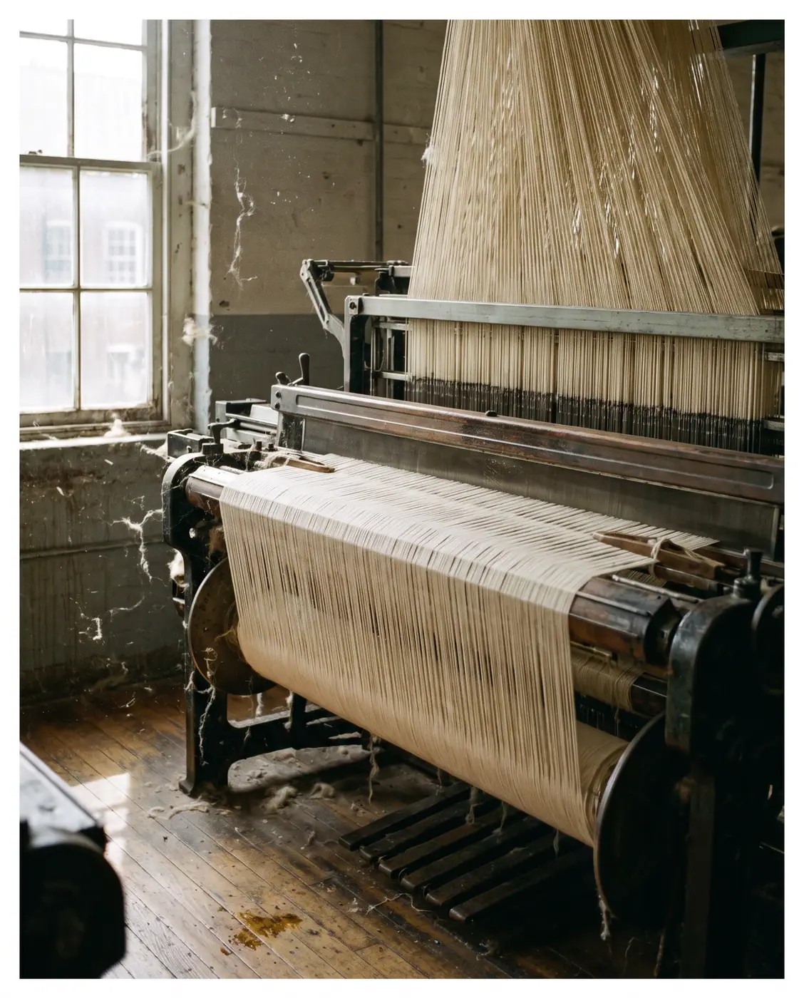 Industrial loom weaving fabric with hundreds of warp threads under tension in a dusty old mill