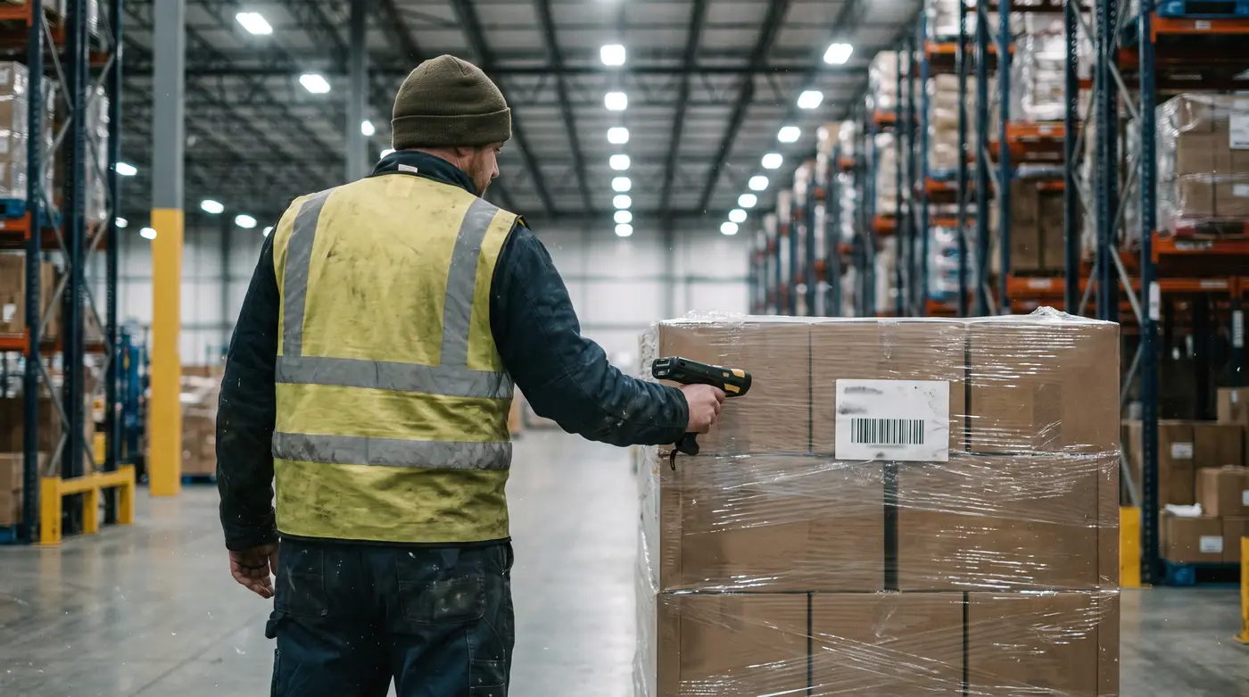 Warehouse worker in a high-visibility vest scanning a barcode on a shrink-wrapped pallet in a