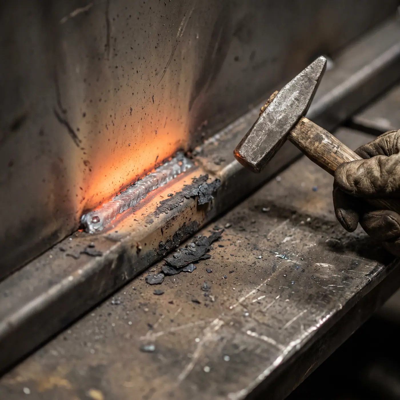 Intense close-up of a freshly welded steel seam, still glowing dull orange with flaking scale