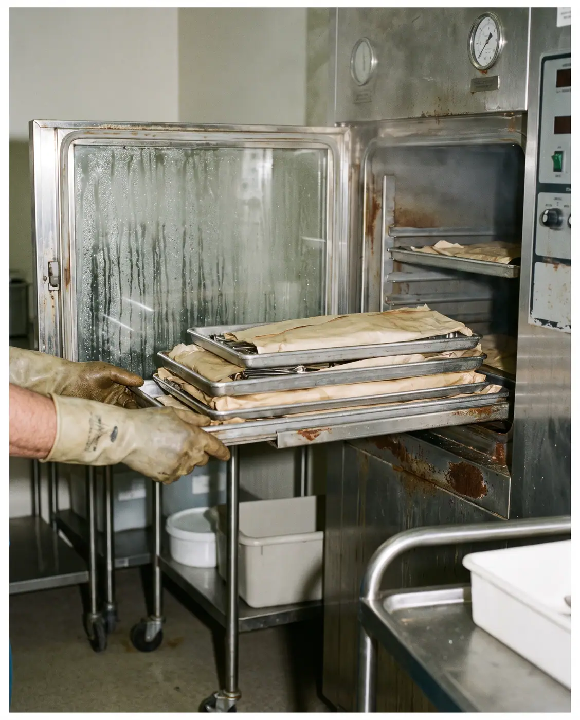 Gloved hands carefully loading wrapped surgical instrument trays into a steam autoclave for