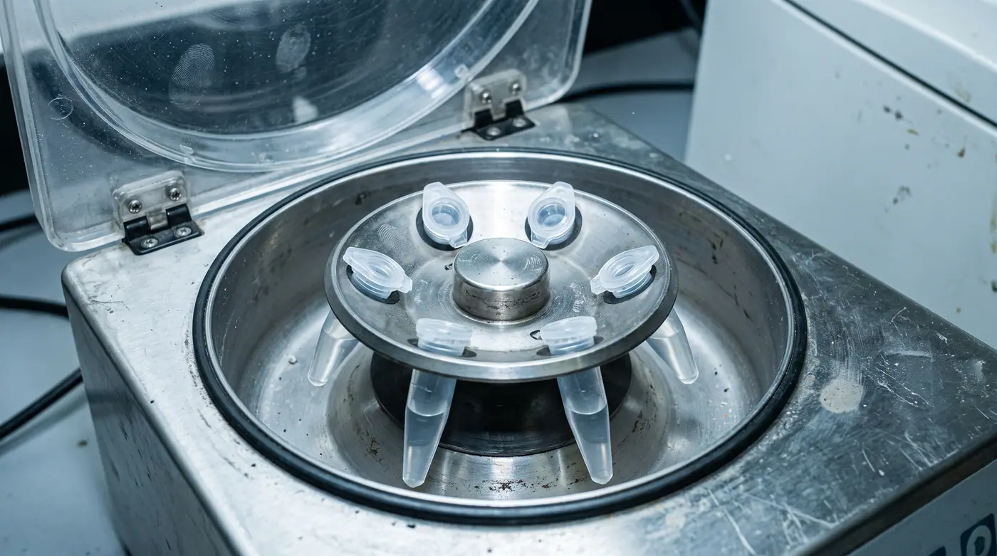 Close-up view of an open benchtop centrifuge rotor loaded with balanced microcentrifuge tubes