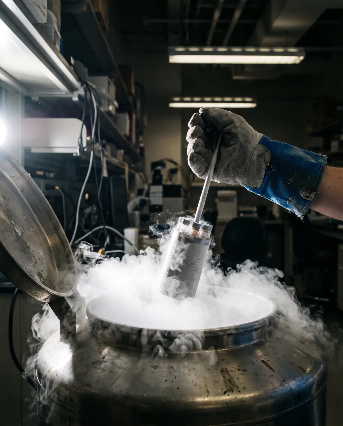 Scientific researcher's gloved hand retrieves a sample cane from a cryogenic dewar with