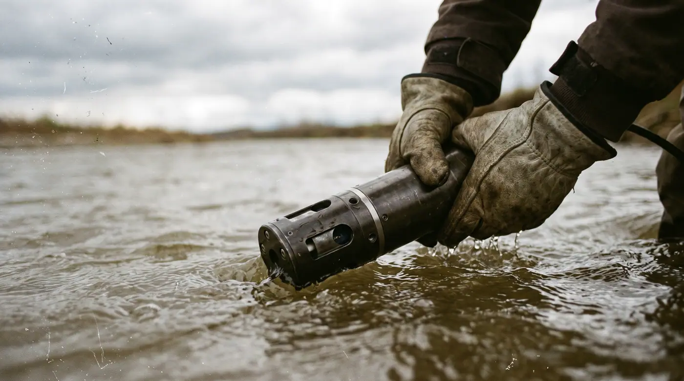 Close up of a field technician's gloved hands lowering a scientific probe into a rippling