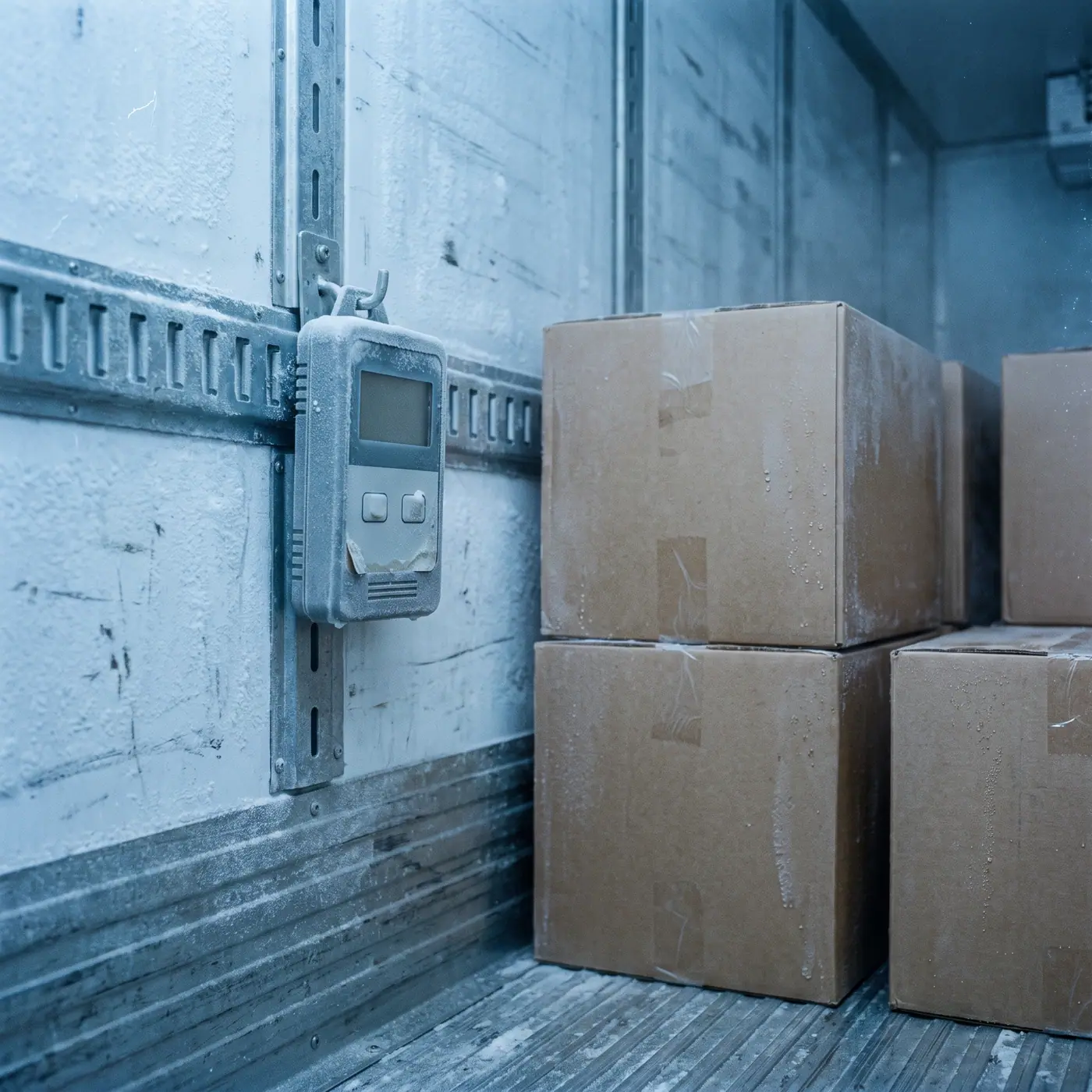 Temperature data logger monitoring conditions inside a cold refrigerated trailer with stacked