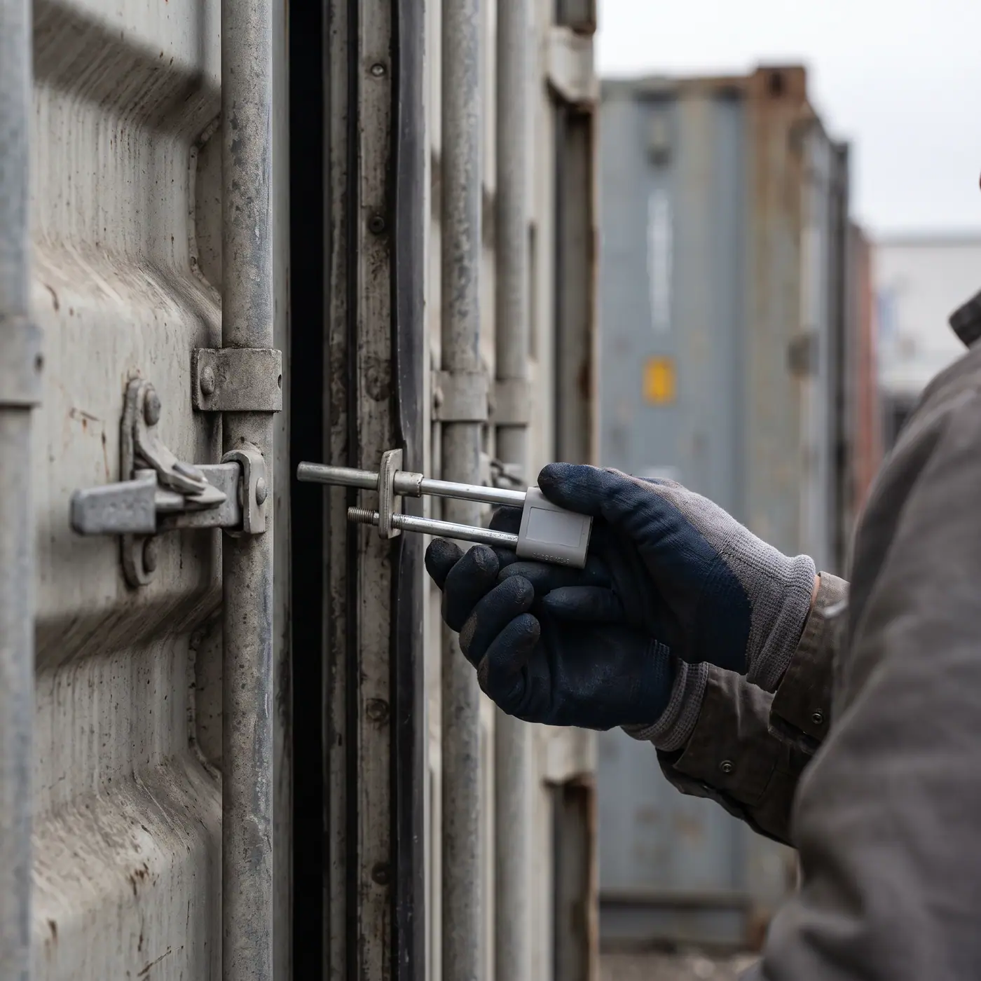 Gloved hands applying a numbered security bolt seal to a large shipping container door under